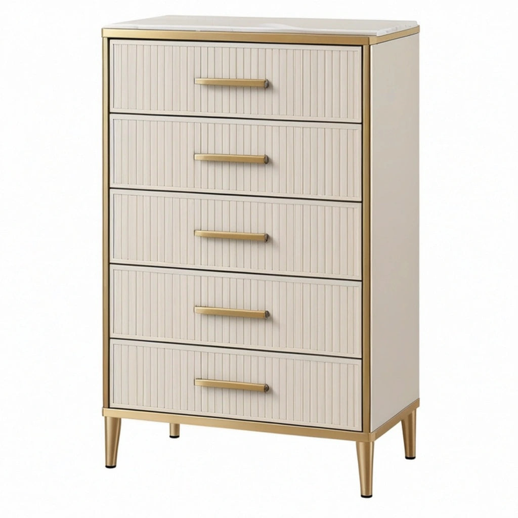 Komoda 80 x 40 x 120 cm kremowa ze złotymi uchwytami 5 szuflad