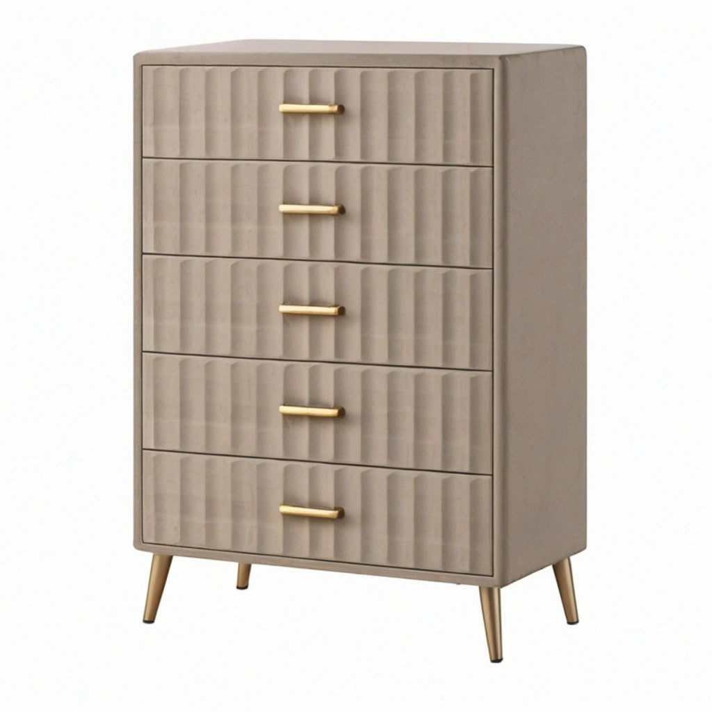 Komoda 80 x 40 x 120 cm z pięcioma szufladami tapicerowana szarobeżowa w stylu glamour