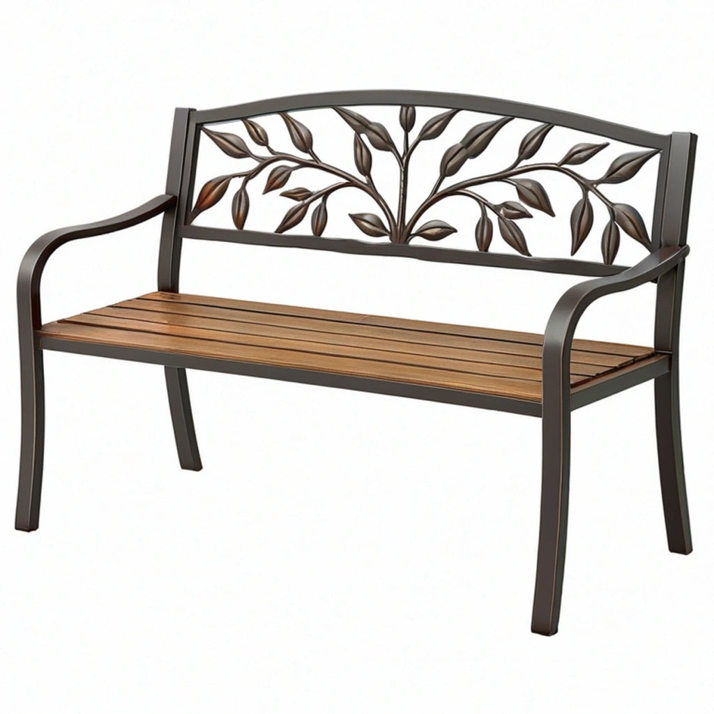 Ławka ogrodowa 125 x 60 x 90 cm z metalu i drewna brązowa z motywem liści