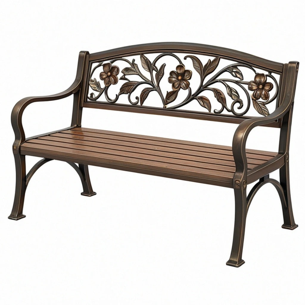 Ławka ogrodowa 122 x 60 x 88 cm metalowa brązowa z kwiatowym oparciem