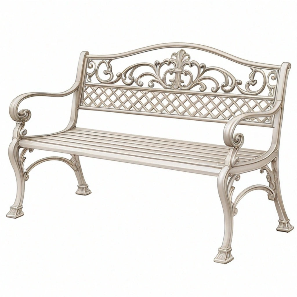 Ławka ogrodowa 120 x 60 x 90 cm metalowa kremowa w stylu klasycznym