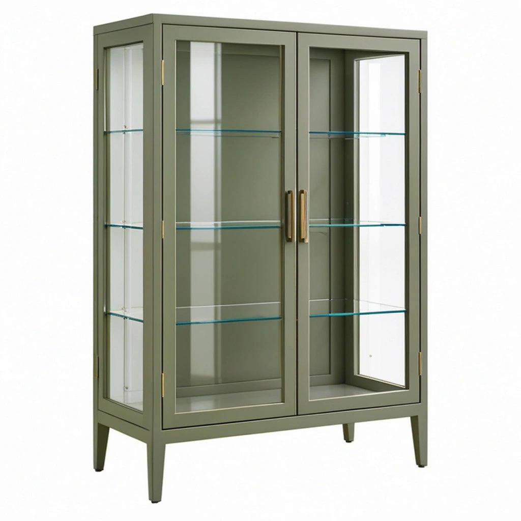 Witryna szklana 90 x 40 x 160 cm metalowa oliwkowozielona do salonu